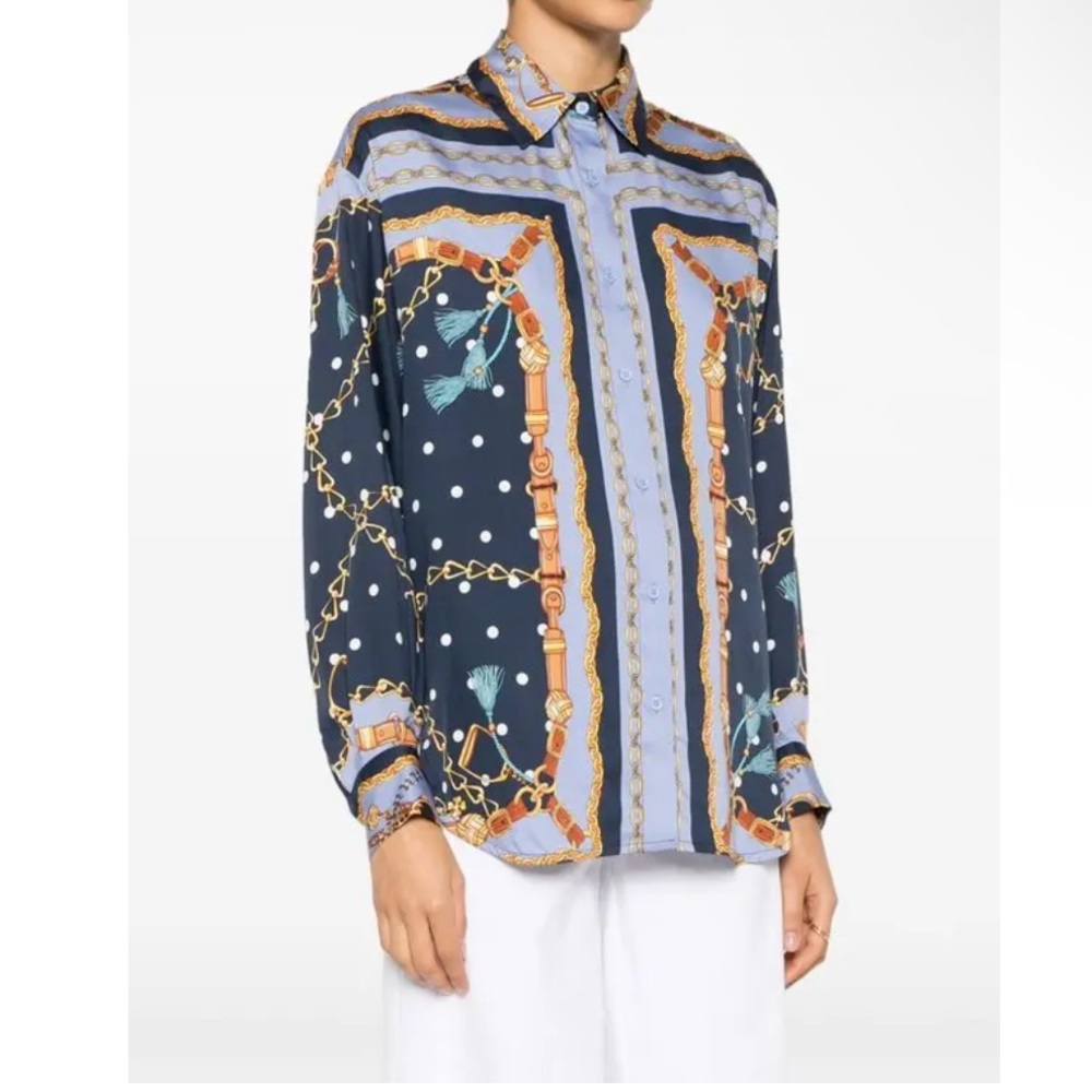 Maje Cechaine Satin Effect Button Up Blue Rope Chain Printed Blouse NEW US 6